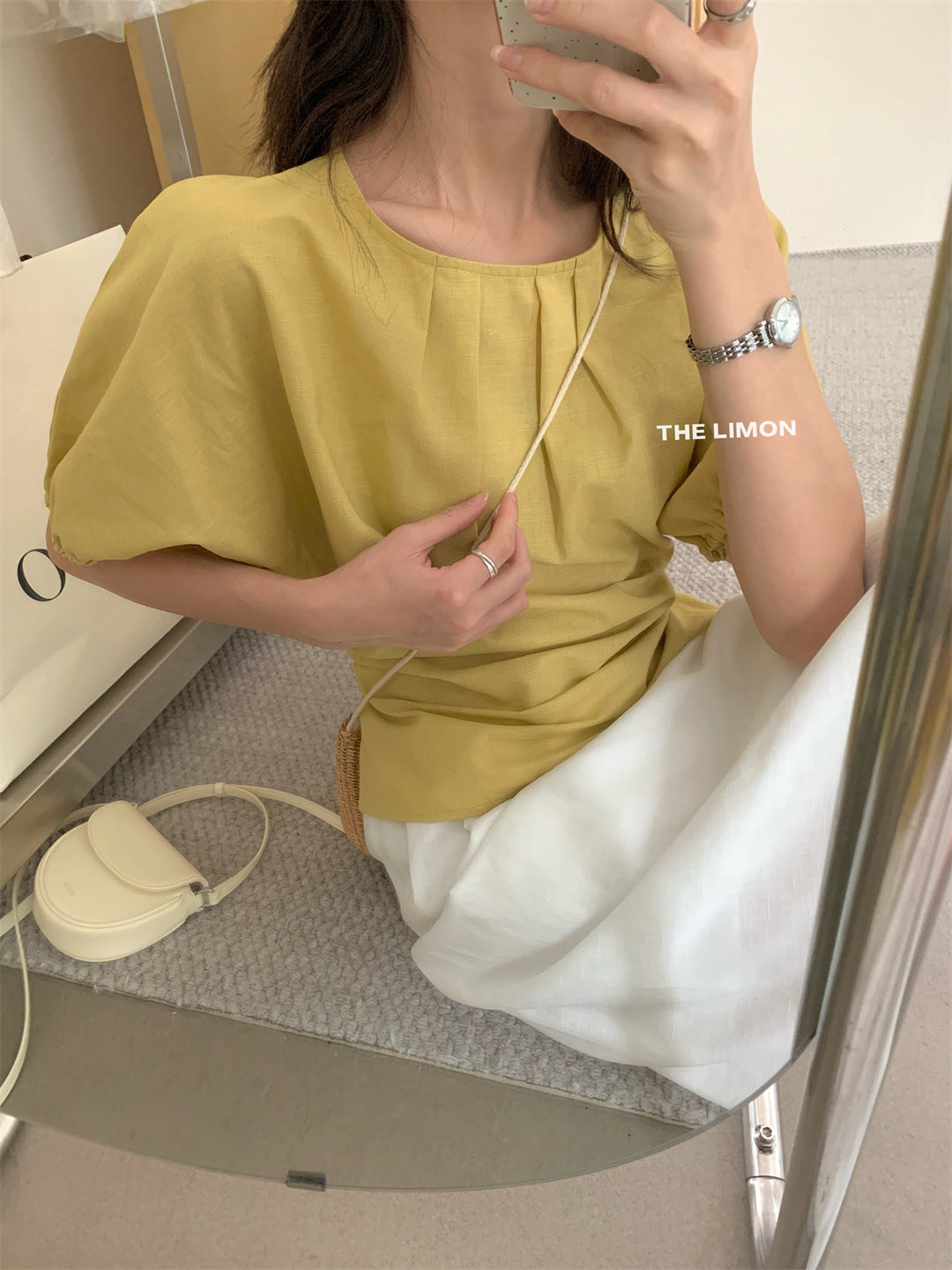 【LTM1057】實拍檸檬夏法式褶皺棉麻後背綁帶襯衫250519