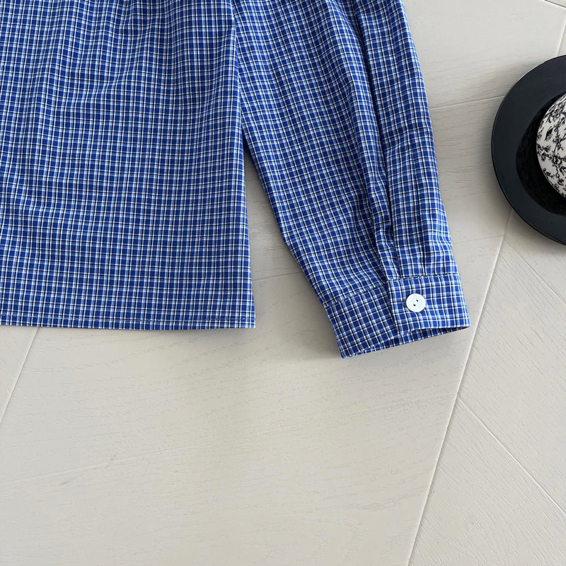 【cim2623】實拍韓國法式復古氣質藍格繫帶長袖襯衫cim25早春