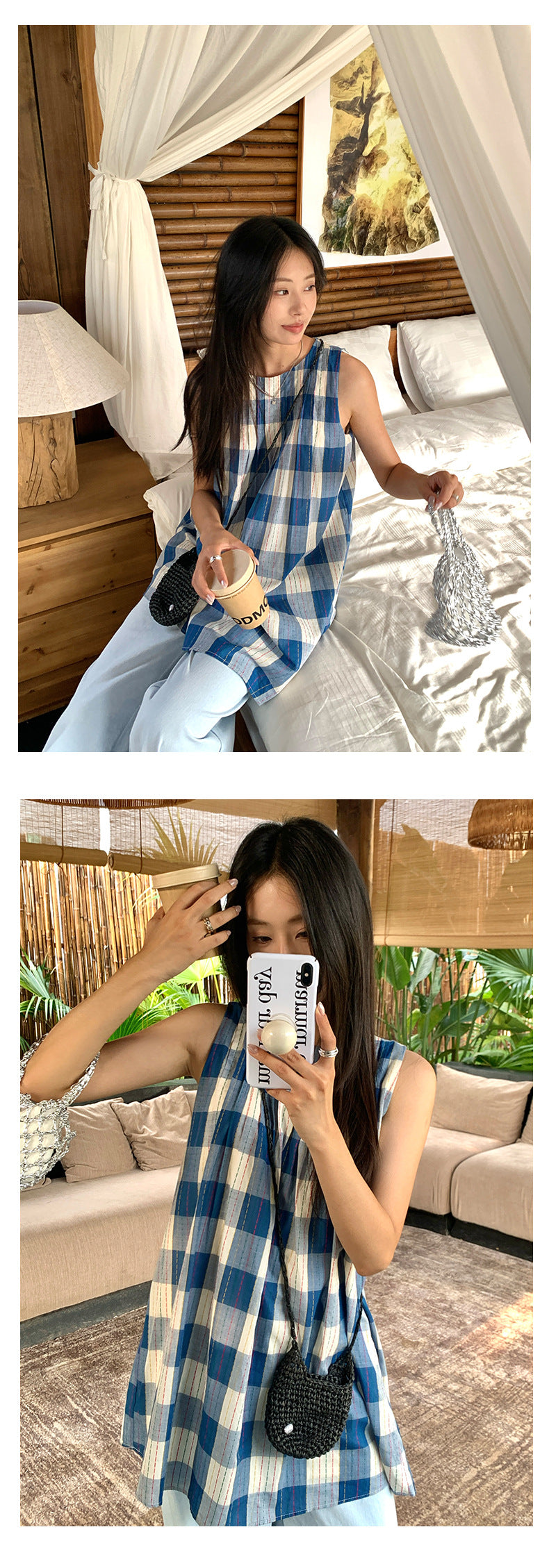 【H5231】實拍夏日清爽棉質復古藍格背心洋裝250506