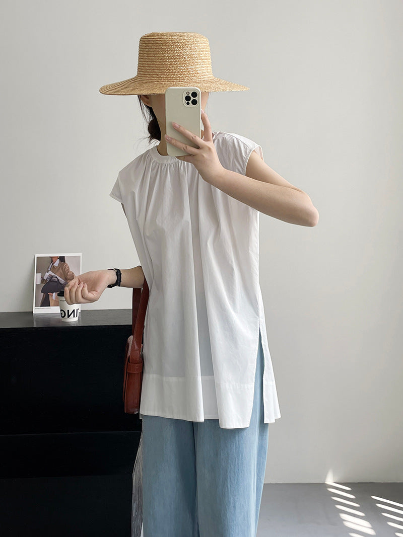 【cim5380】實拍自在簡約夏季棉質圓領長襯衫250508