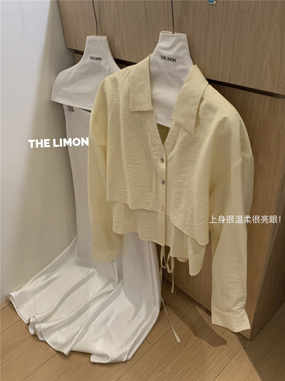 【L8359】實拍檸檬設計款假兩件長袖短版襯衫250414