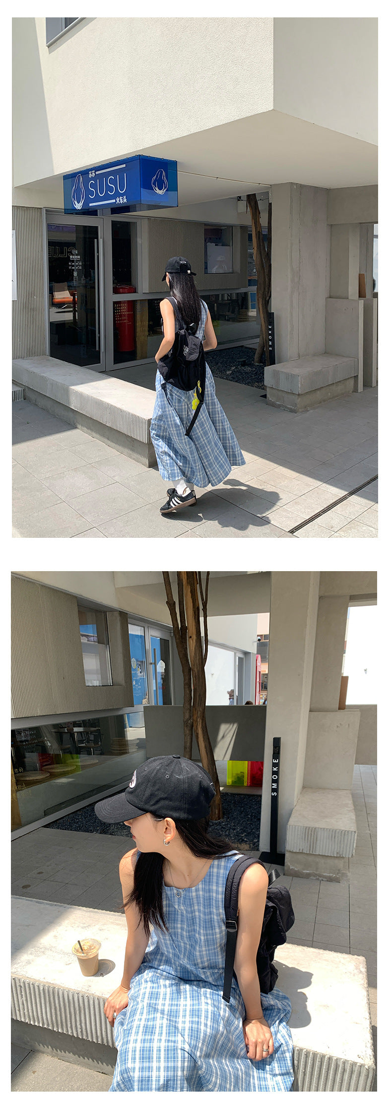 【H5290】實拍夏天韓國復古藍格個性花苞長洋裝+小包250603