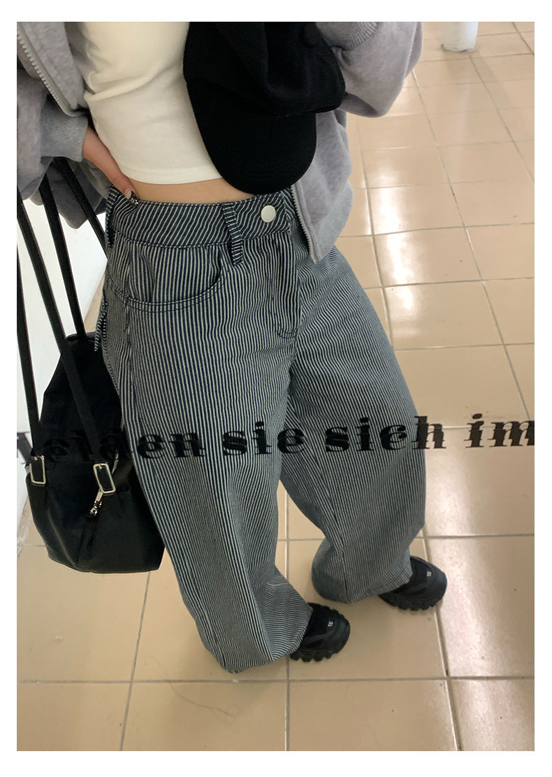 【H5406】實拍早秋藍色條紋直筒闊腿褲250909