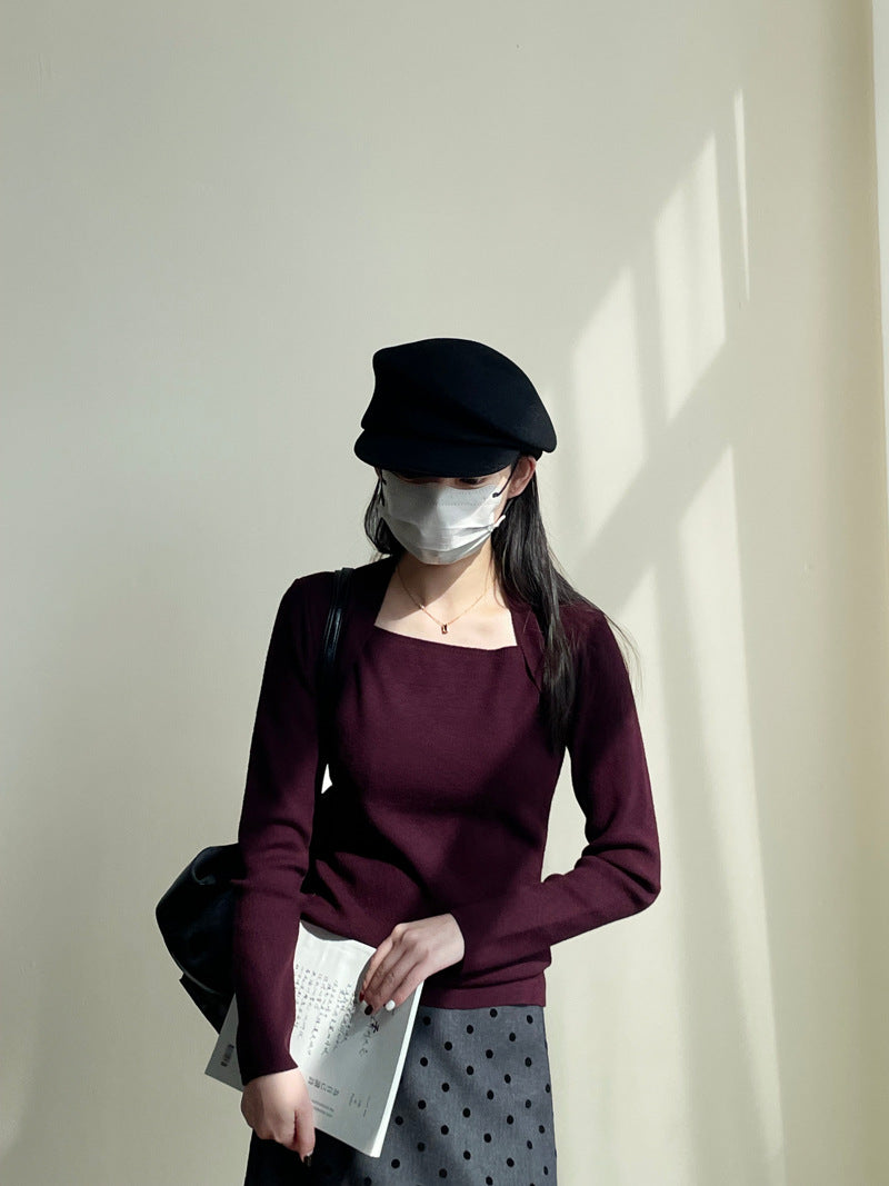 【cimYL1092】實拍方領顯瘦毛衣女假兩件氣質長袖針織衫241030