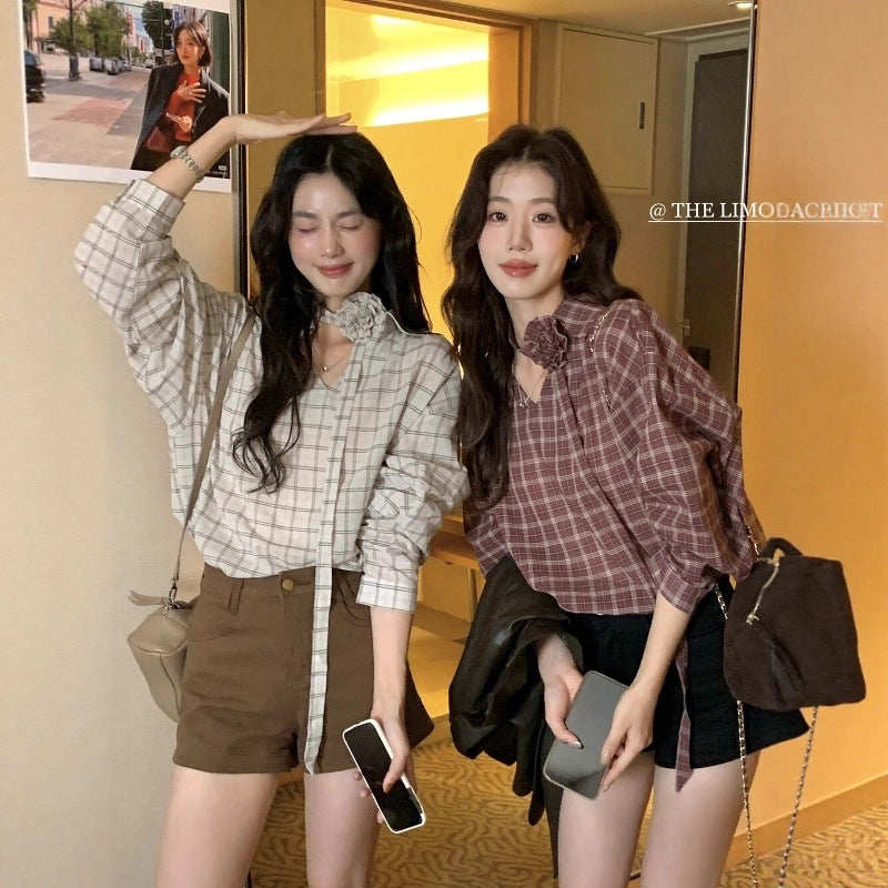 【L9113】實拍檸檬家早秋法式時髦復古格紋長袖襯衫+胸花可拆250901