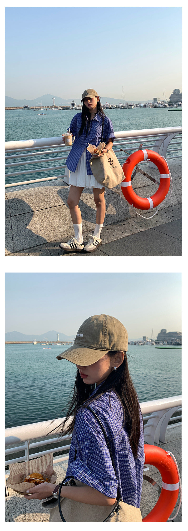 【H5154】實拍春夏復古藍白細格短袖襯衫250331