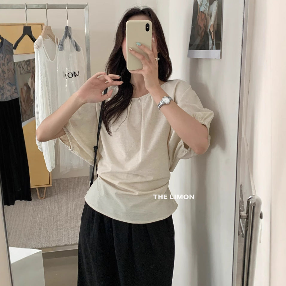 【LTM1057】實拍檸檬夏法式褶皺棉麻後背綁帶襯衫250519