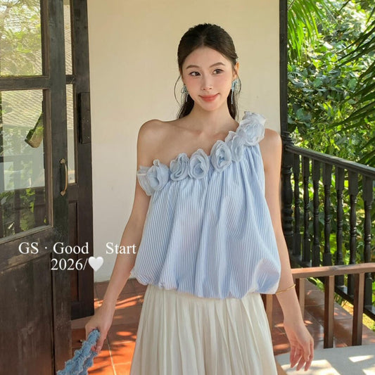 【LD0358W】法式溫柔仙女系🌸立體花朵條紋斜肩無袖上衣260323