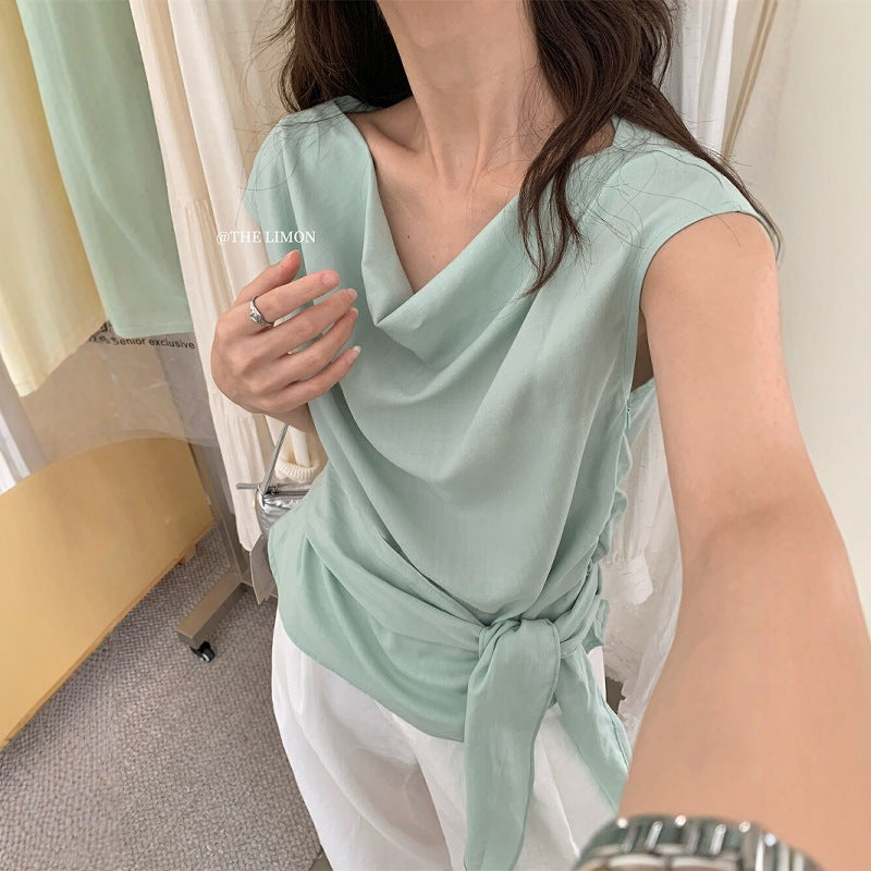 【L8770】實拍檸檬温柔斜肩天絲側繫帶上衣250519
