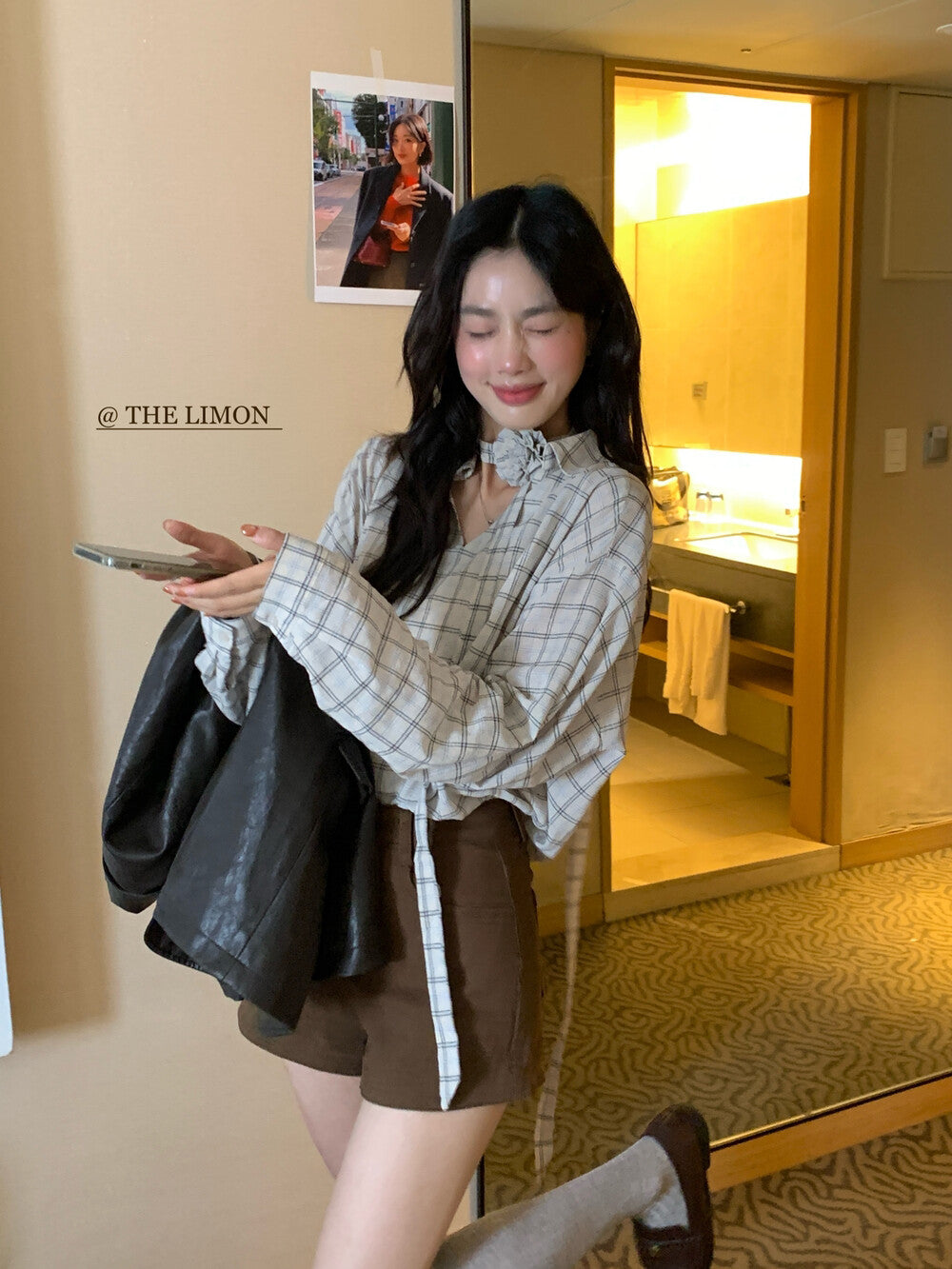 【L9113】實拍檸檬家早秋法式時髦復古格紋長袖襯衫+胸花可拆250901
