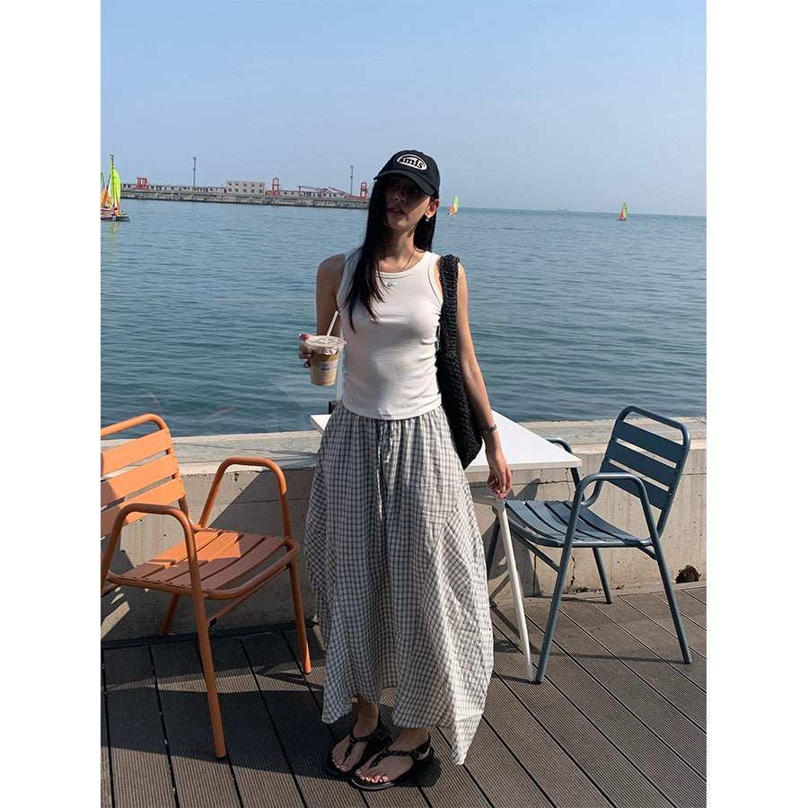 【H5301】實拍夏季輕爽格子氣球長裙250610
