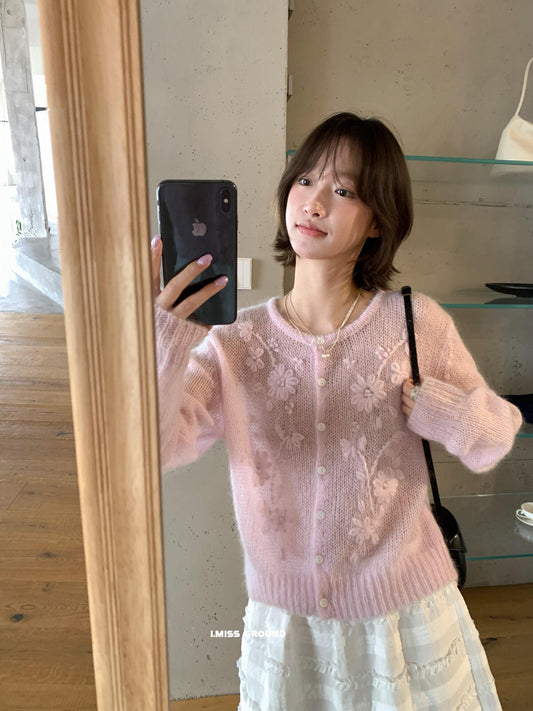 【LR991381】實拍imiss仙氣透膚30%羊毛勾花馬海毛針織外套260305