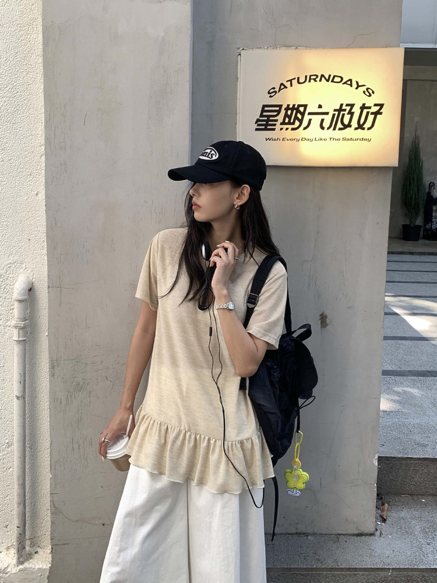【H5375】實拍燕麥色荷葉下擺短袖T250715