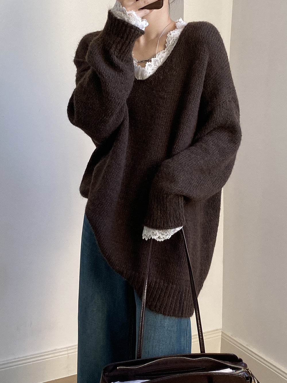 【YP960】實拍爆款質感蕾絲花邊寬鬆保暖針織毛衣(含8%羊毛)241211