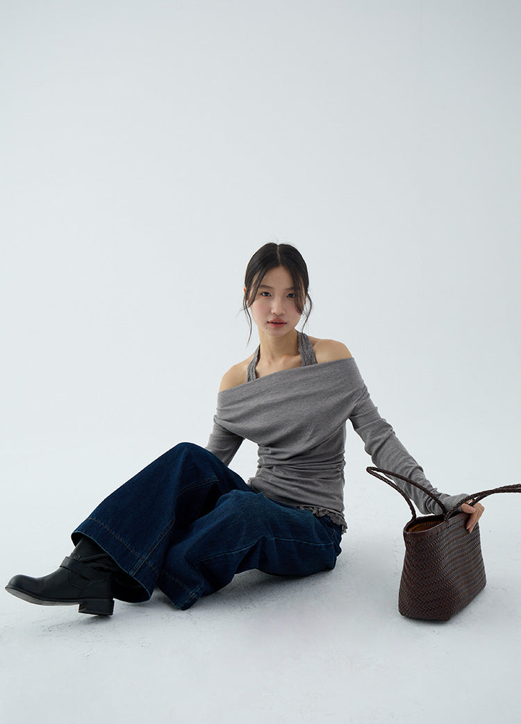 【L3140】實拍初秋極美蕩領蕾絲掛脖假兩件長袖T恤250827