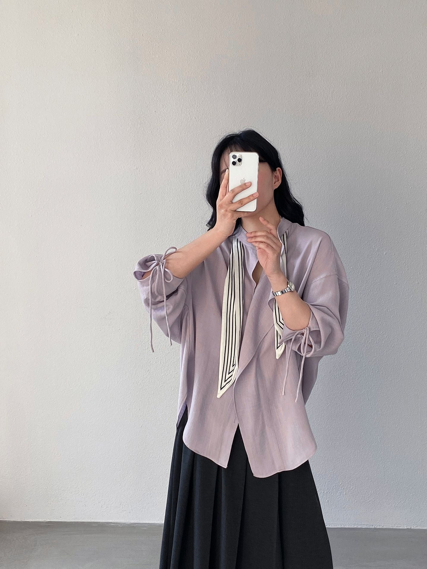 【cimz1766】實拍春日小蒼蘭🌸浪漫輕法式附絲巾綁帶寬鬆百搭襯衫260311