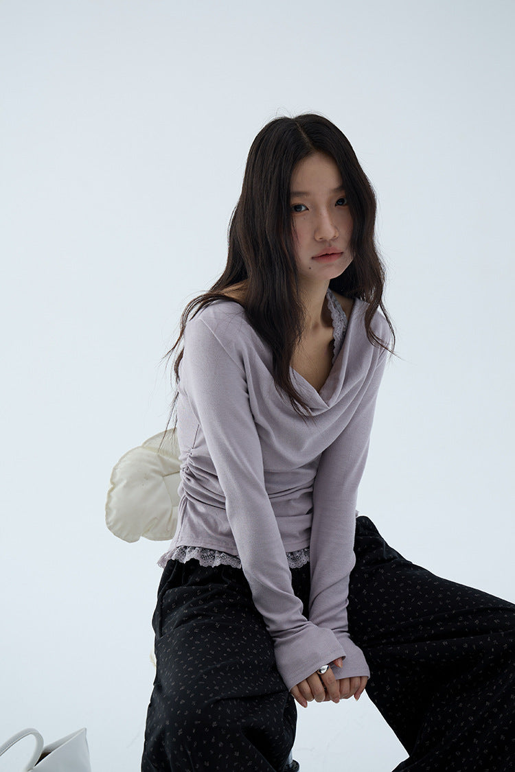 【L3140】實拍初秋極美蕩領蕾絲掛脖假兩件長袖T恤250827