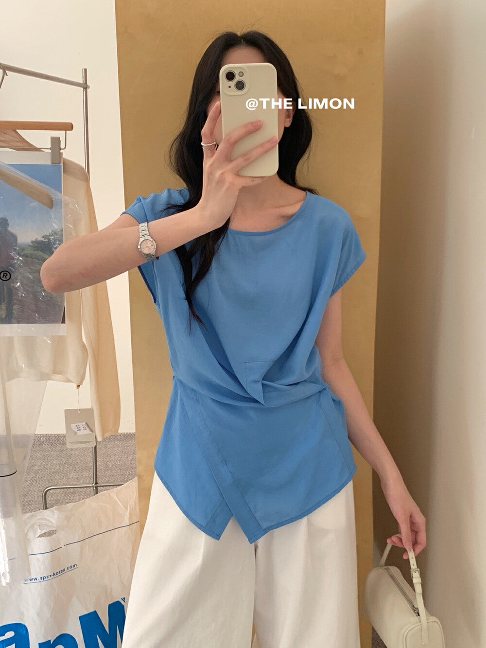 【L8689】實拍檸檬夏季簡約交叉後繫帶襯衫上衣250421