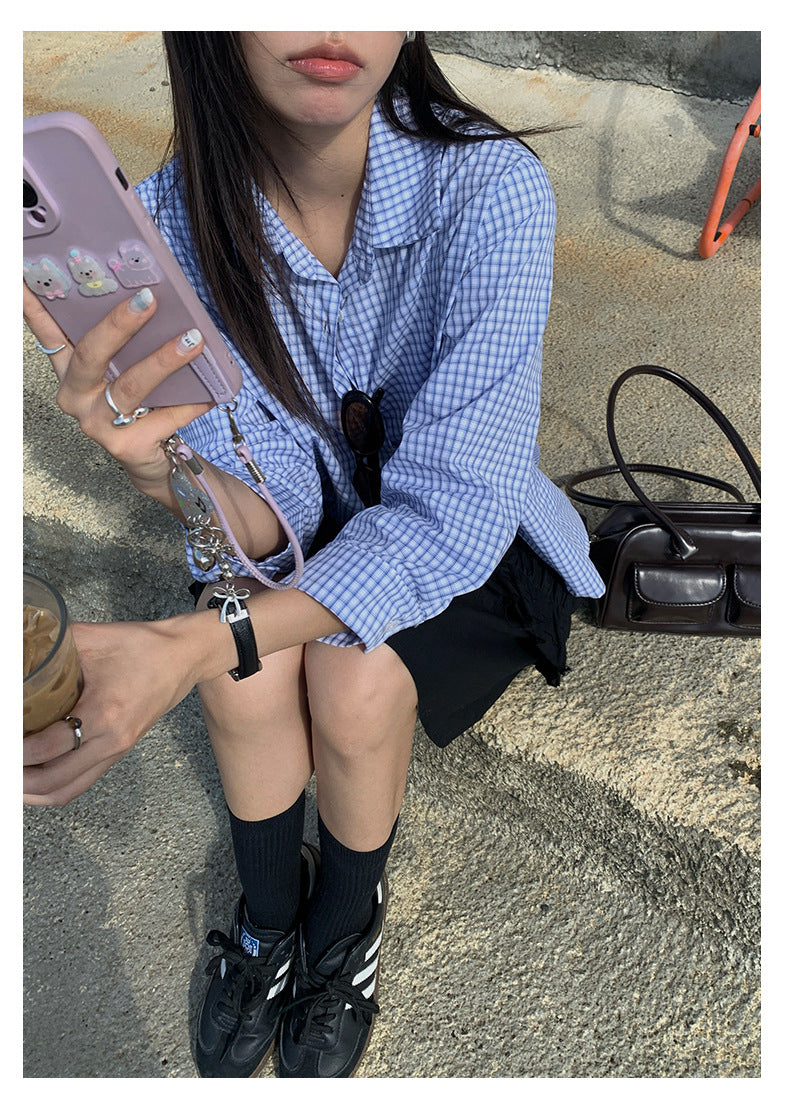 【H5382】實拍休閒寬鬆短版藍色條紋襯衫250902