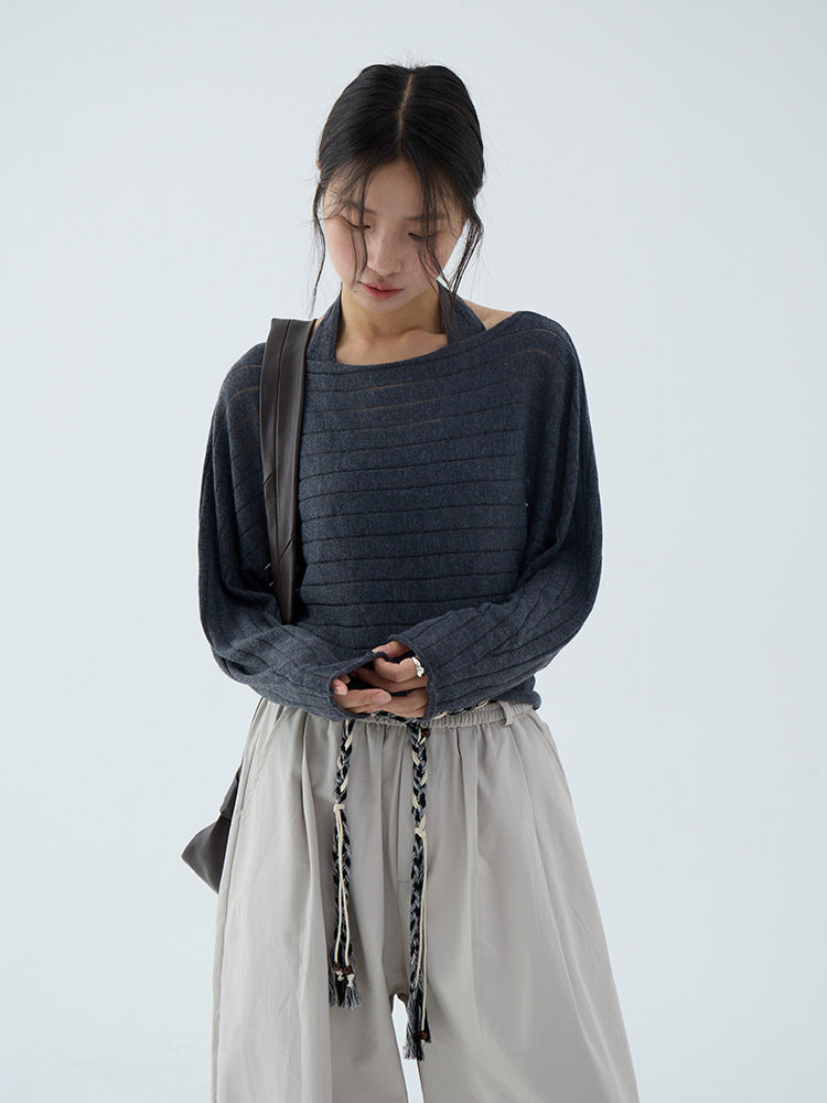 【L3142】實拍早秋絕美長袖一字領罩衫+圍脖吊帶背心250827