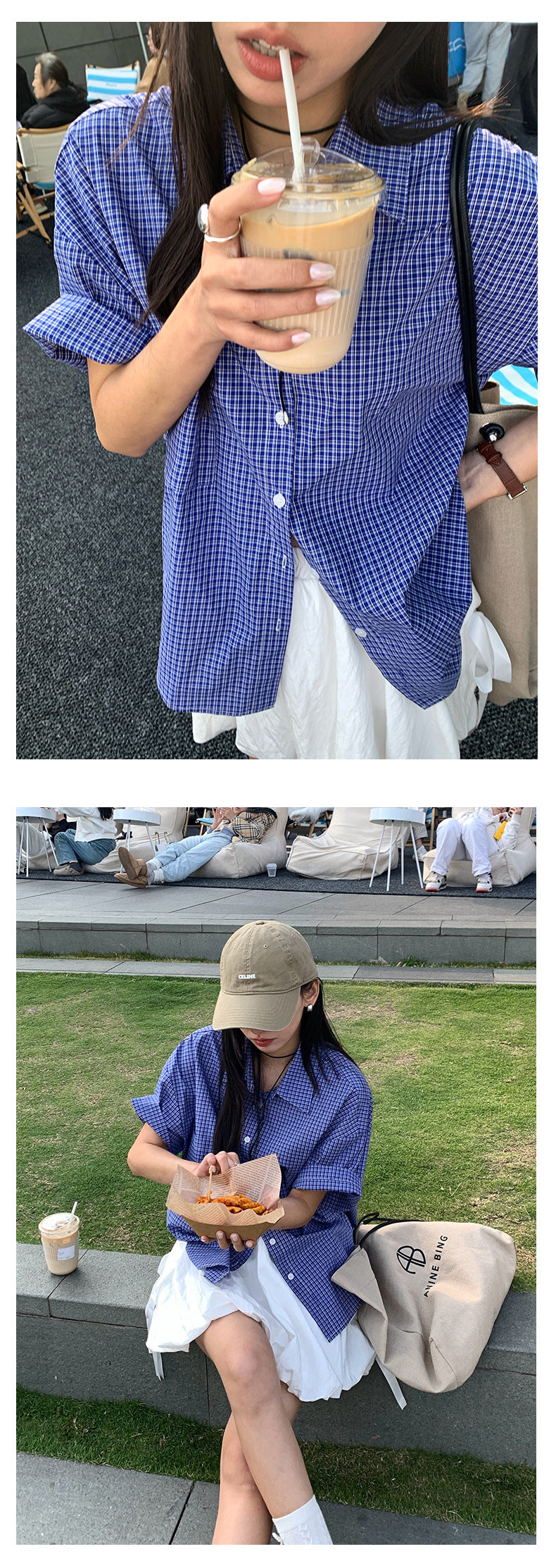 【H5154】實拍春夏復古藍白細格短袖襯衫250331