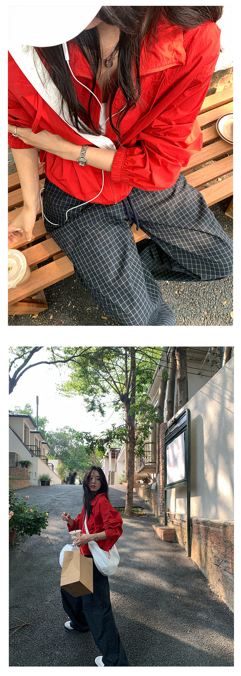 【H5164】實拍夏天舒適休閒格紋寬鬆闊腿褲抽繩鬆緊腰250407