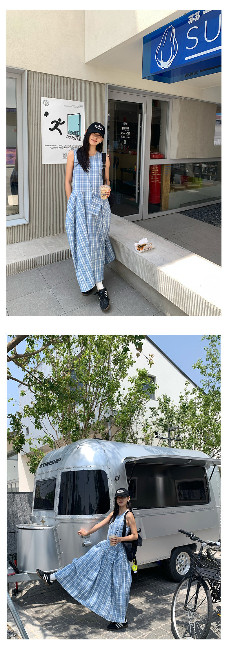 【H5290】實拍夏天韓國復古藍格個性花苞長洋裝+小包250603