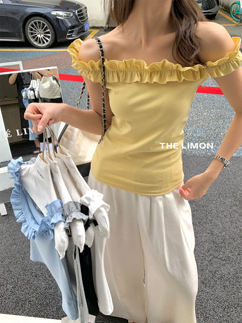 【L8633】實拍檸檬家夏季一字領抽繩修身上衣250519