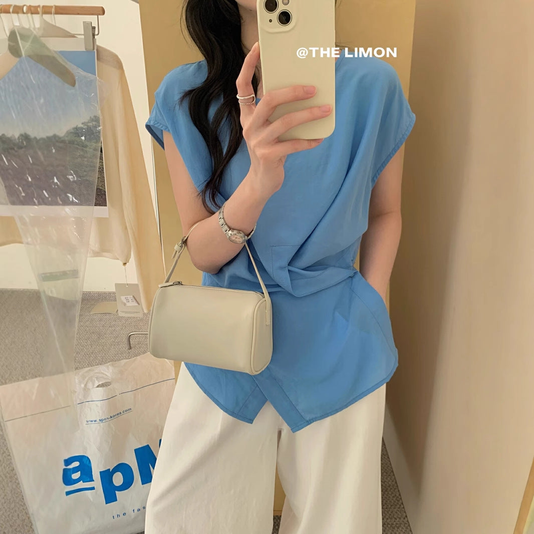 【L8689】實拍檸檬夏季簡約交叉後繫帶襯衫上衣250421