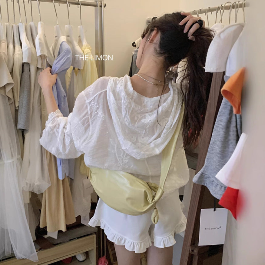 【L8509】實拍檸檬春夏蕾絲刺繡連帽長袖襯衫250414
