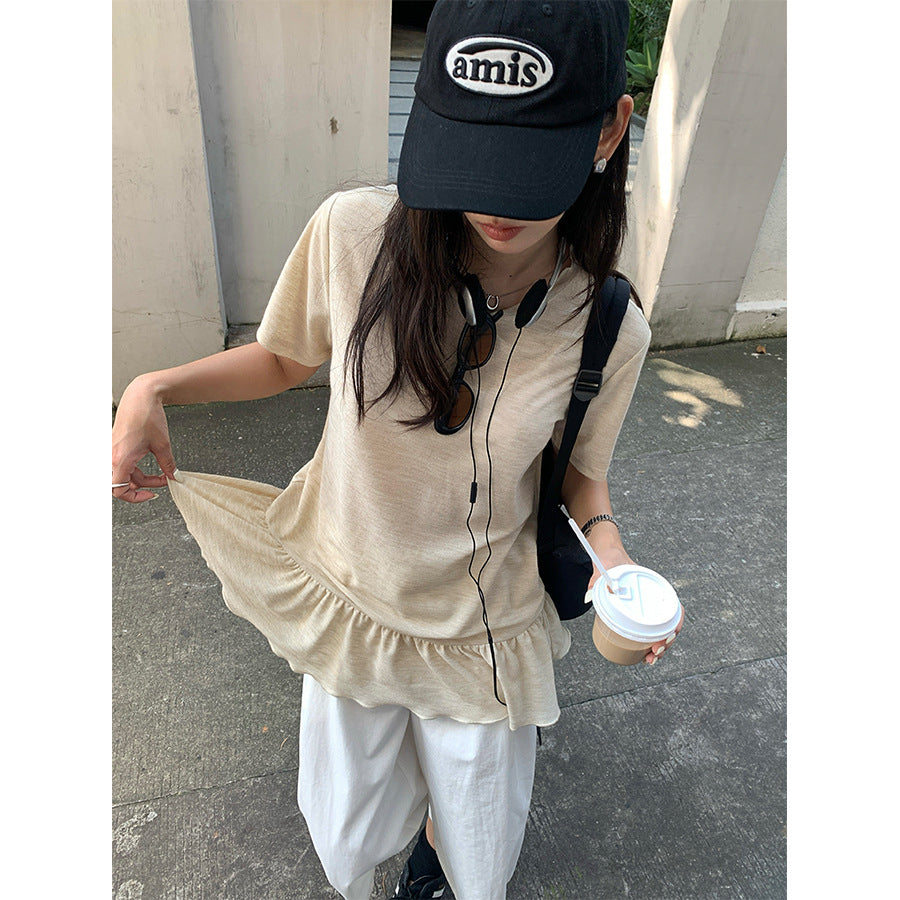【H5375】實拍燕麥色荷葉下擺短袖T250715
