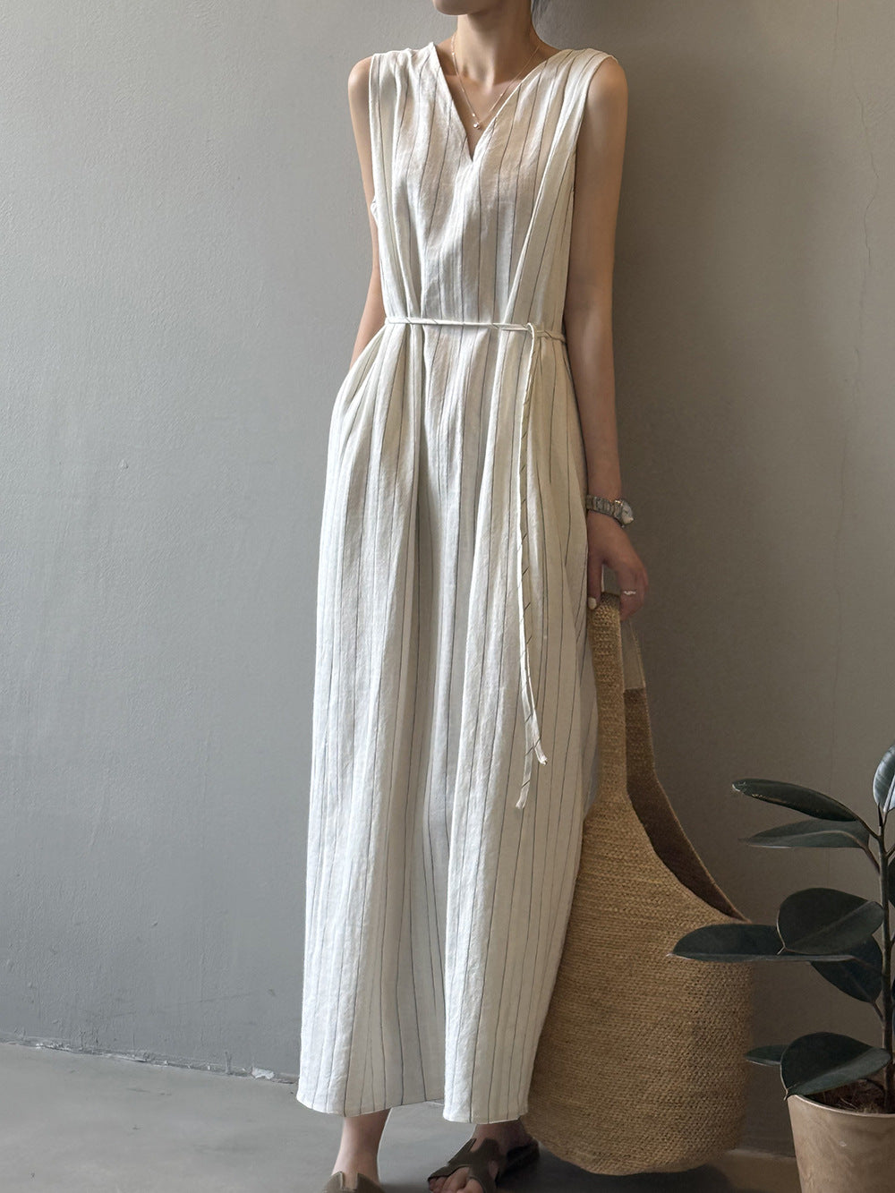 【Y82350】實拍夏季韓版V領條紋棉麻寬鬆無袖洋裝250424