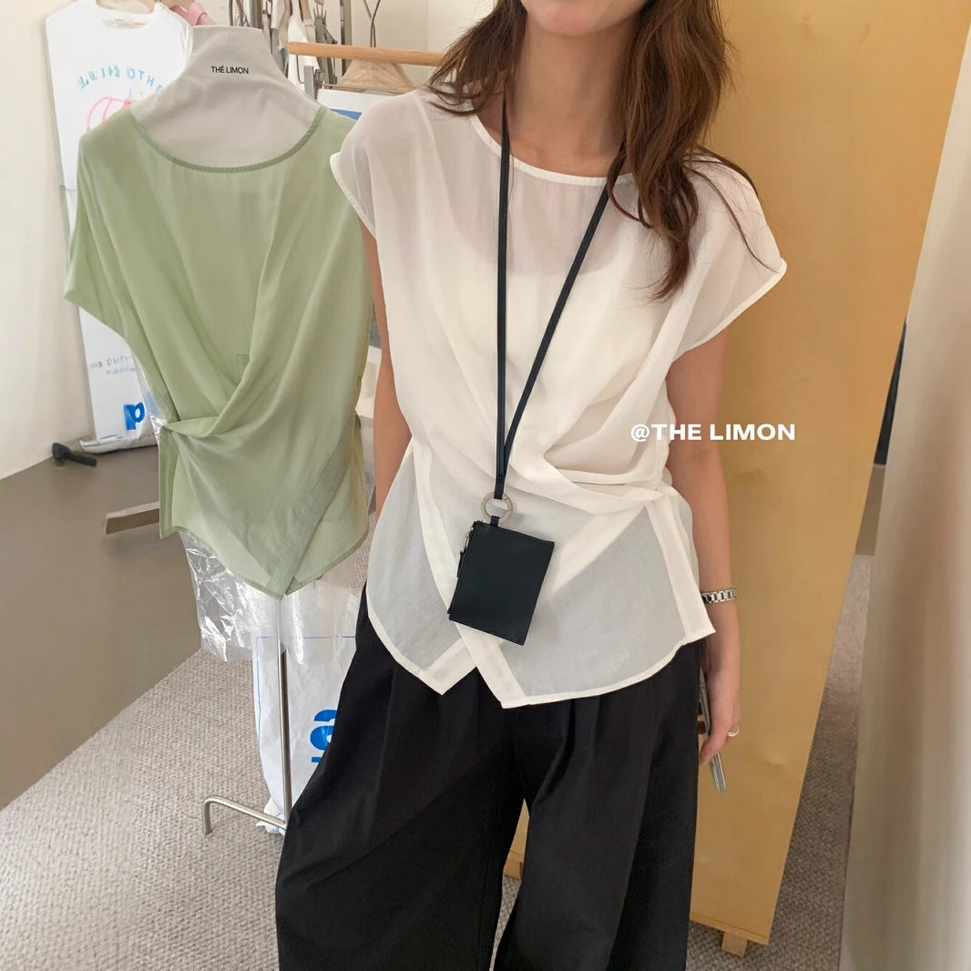 【L8689】實拍檸檬夏季簡約交叉後繫帶襯衫上衣250421