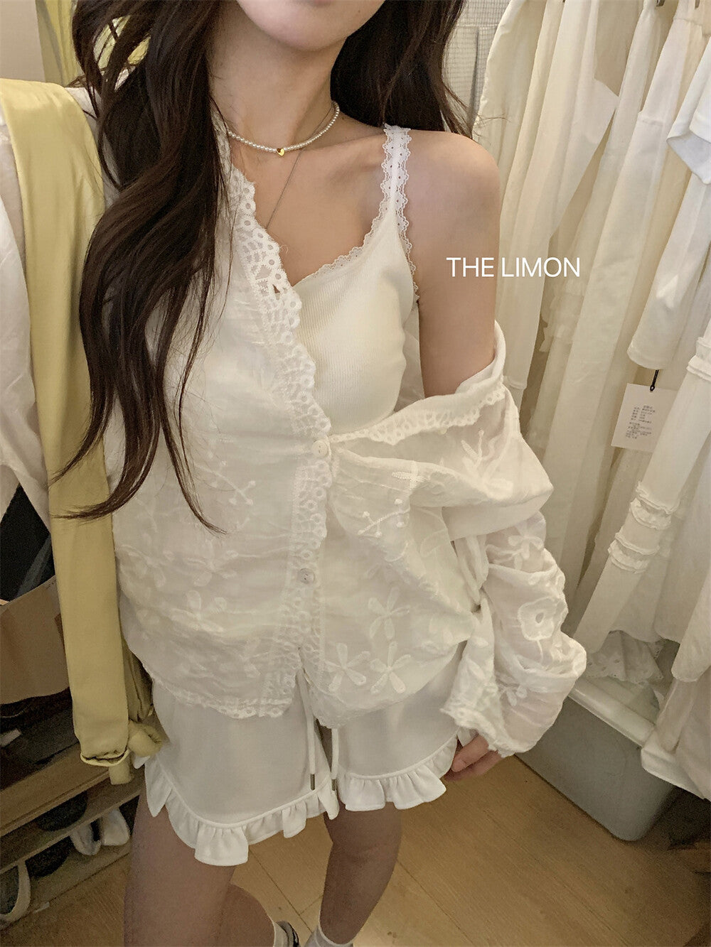 【L8509】實拍檸檬春夏蕾絲刺繡連帽長袖襯衫250414