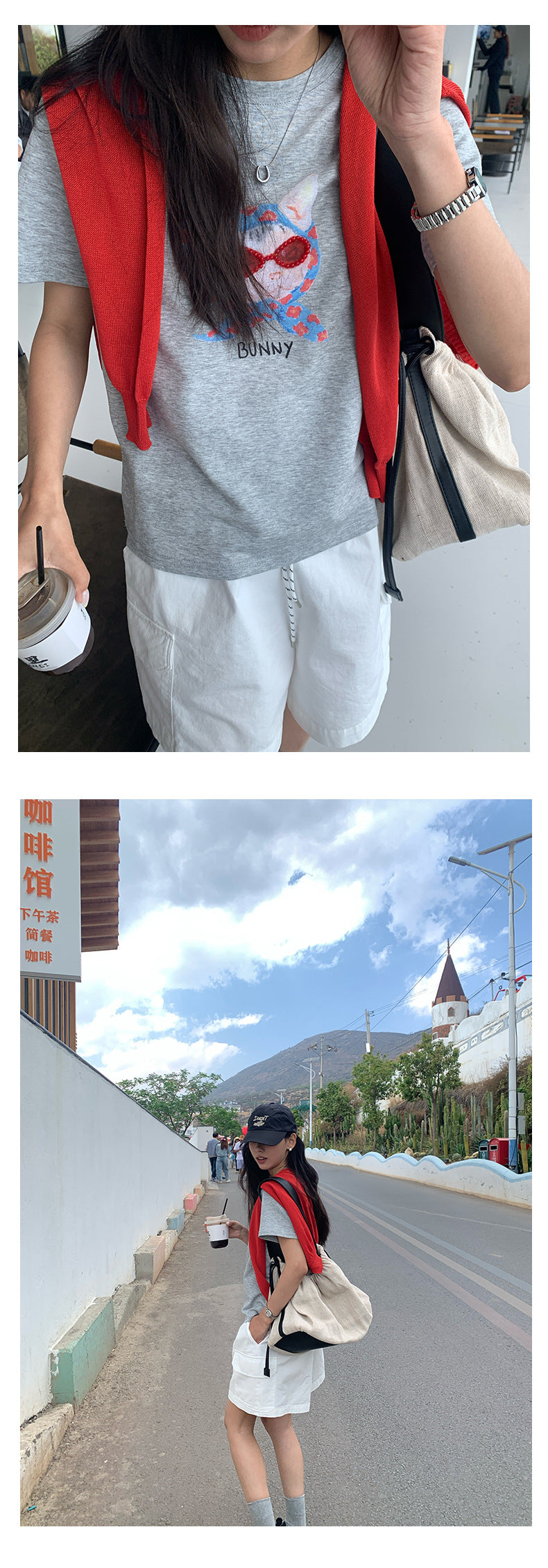 【H5195】實拍夏天帶一隻貓咪印花圓領短袖T恤250415