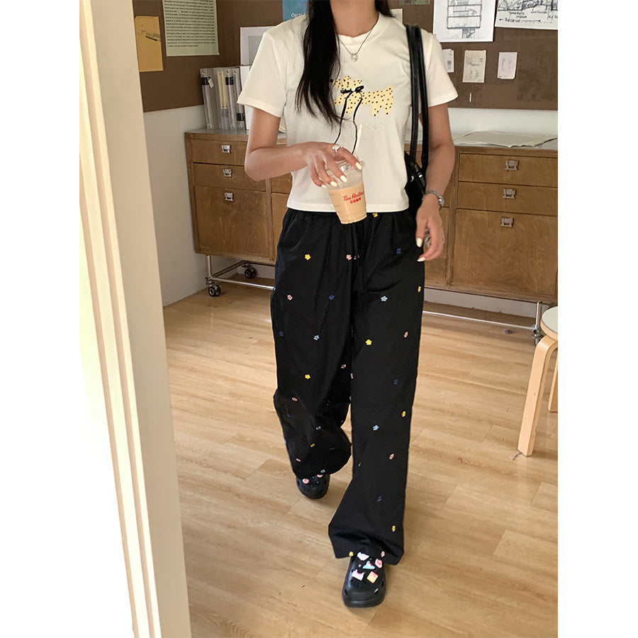 【H5335】實拍夏寬鬆刺繡小花直筒褲250624