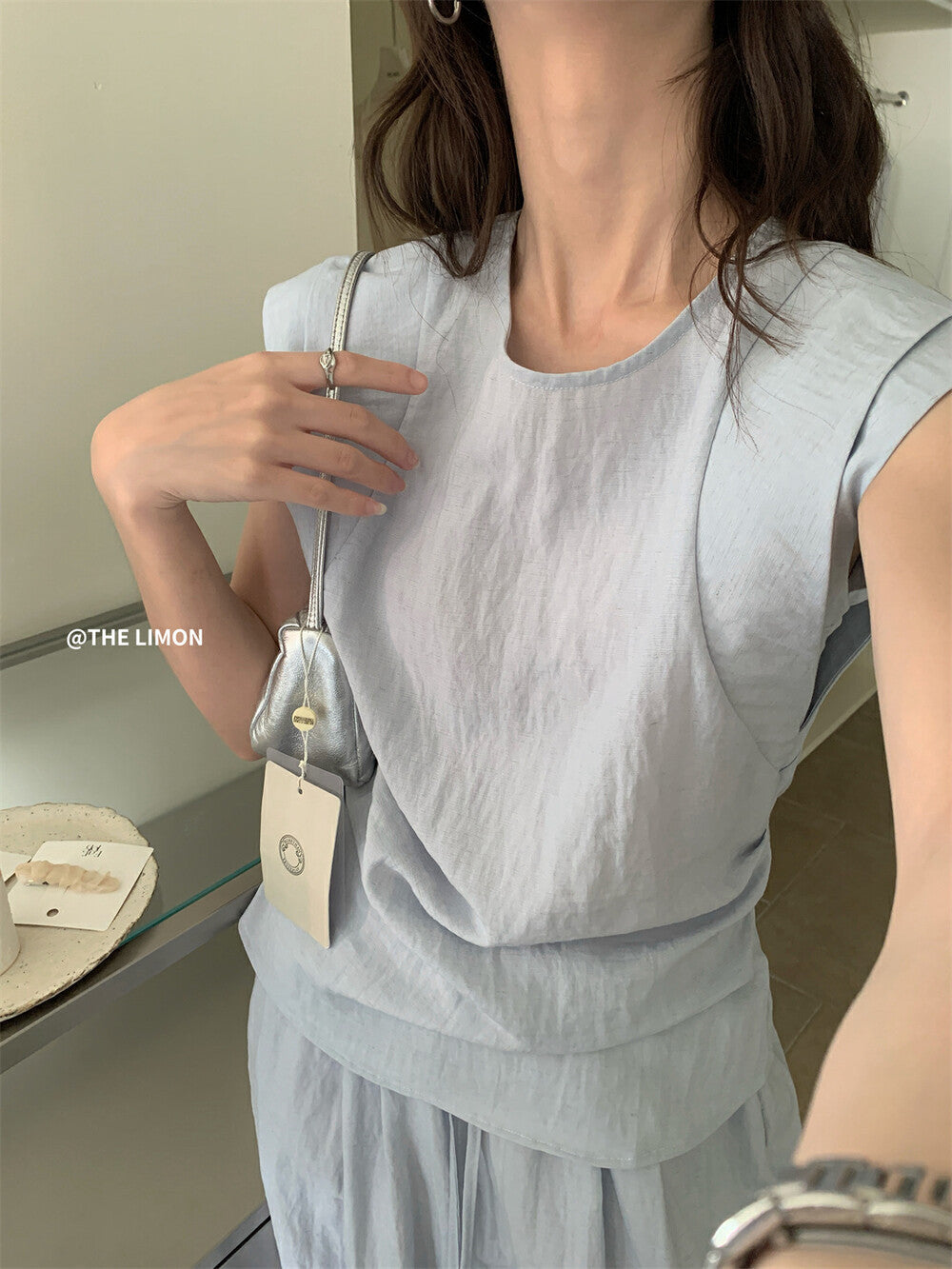 【L8792】實拍檸檬家 夏季亞麻收腰上衣+高腰闊腿褲 套裝250519
