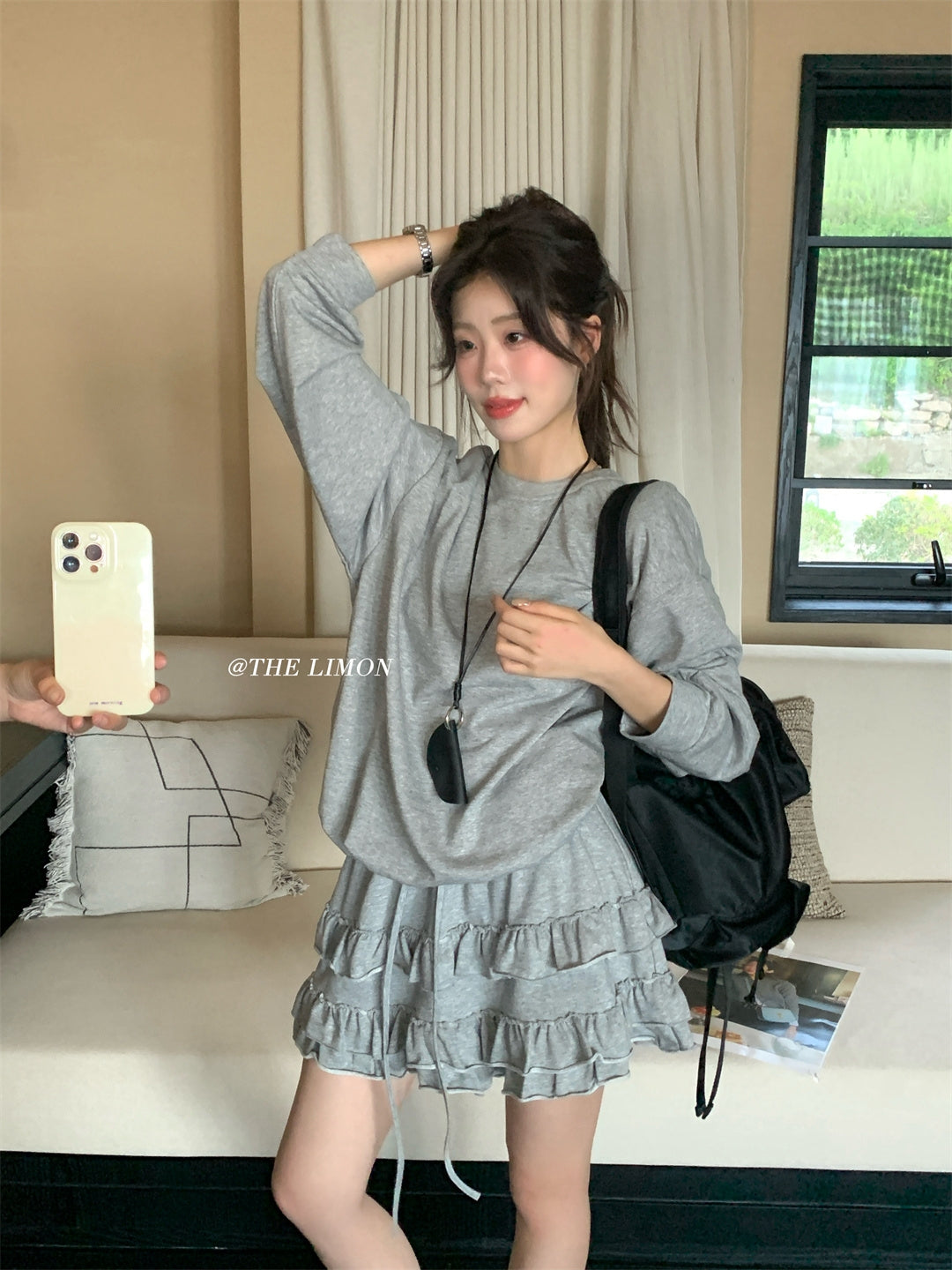 【L9161】實拍檸檬家慵懶少女長袖衞衣+蛋糕裙 2件套250901