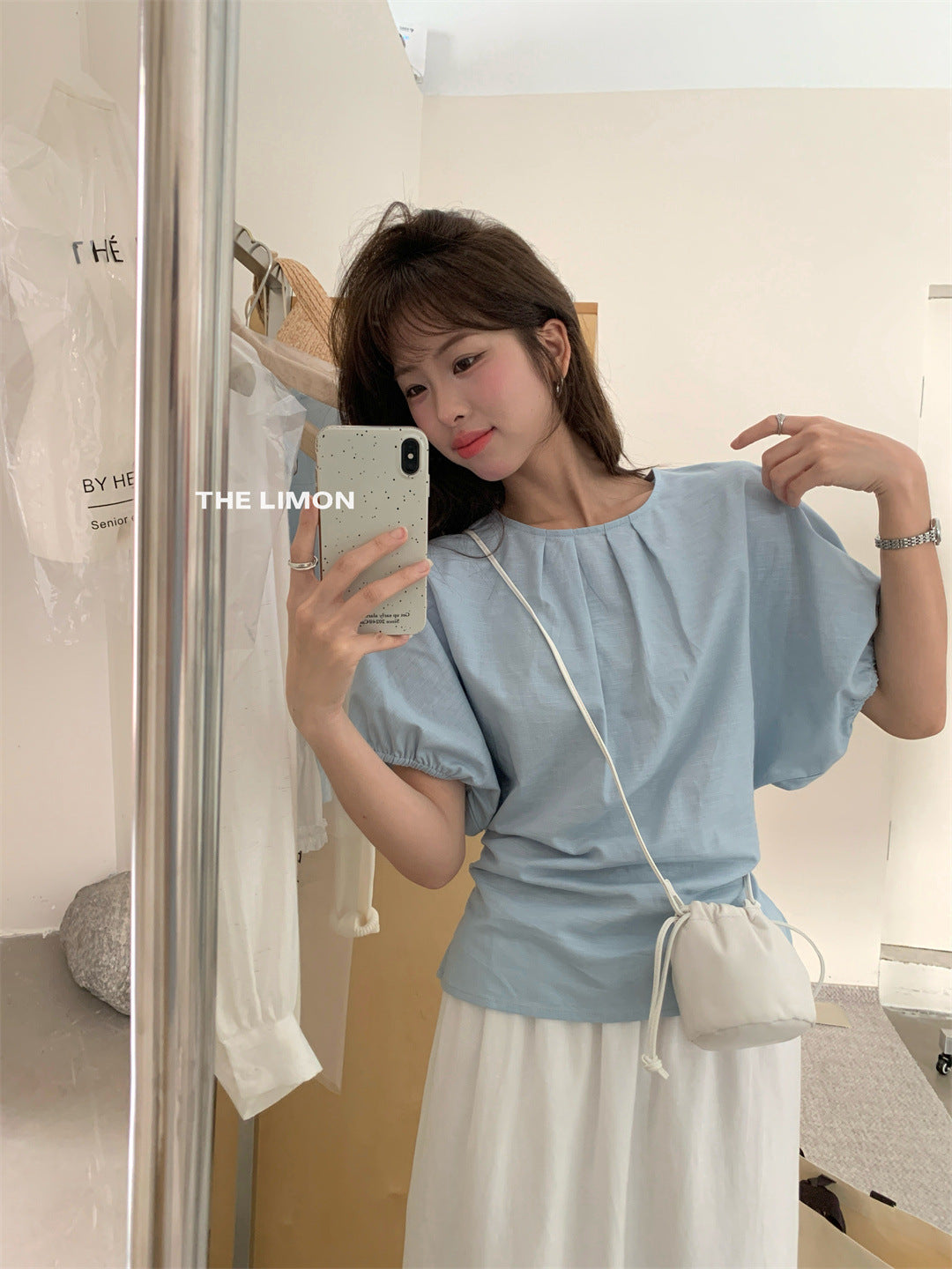 【LTM1057】實拍檸檬夏法式褶皺棉麻後背綁帶襯衫250519