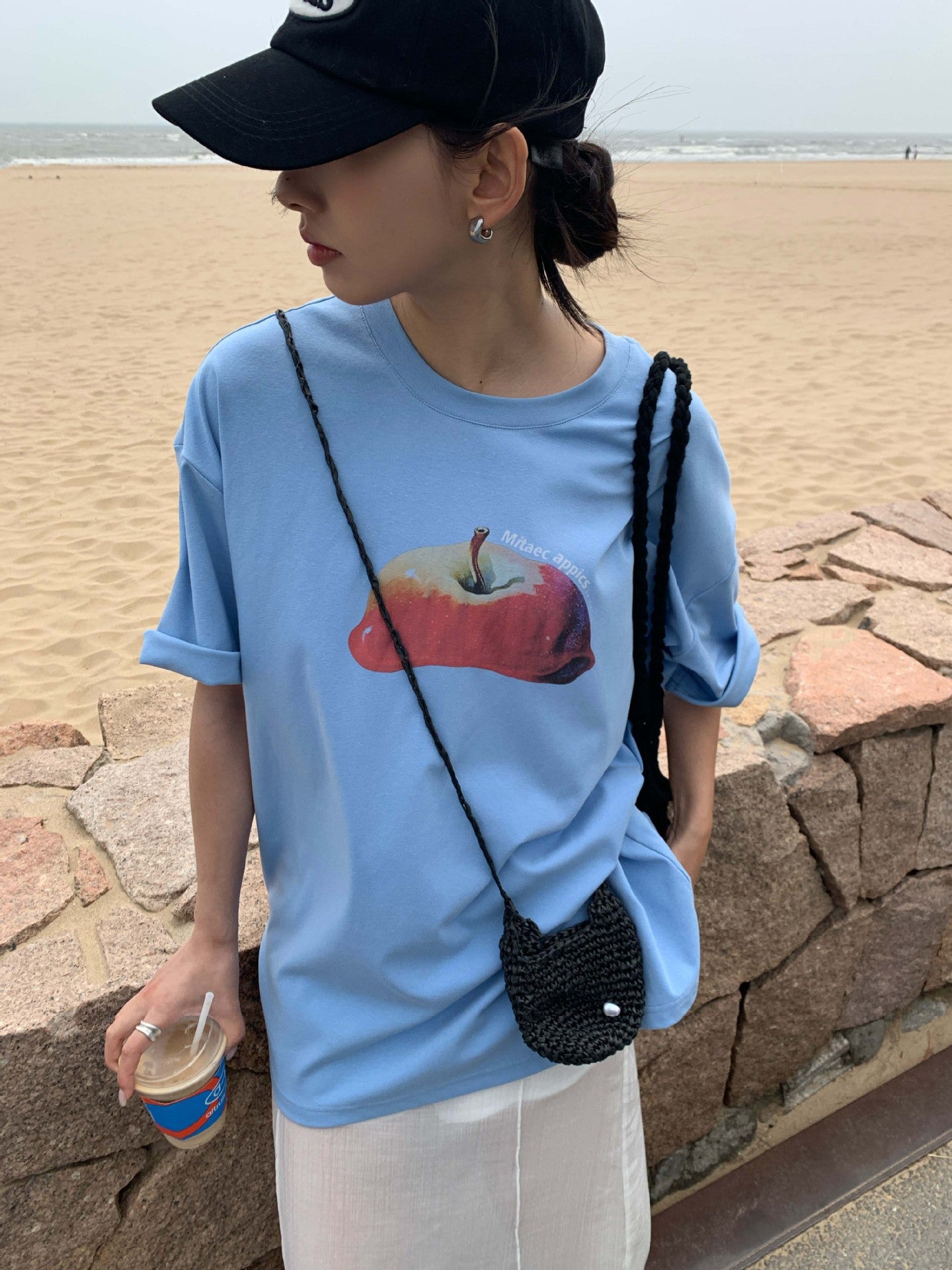 【H5285】實拍夏天韓國蘋果印花大版短袖寬鬆T恤250603