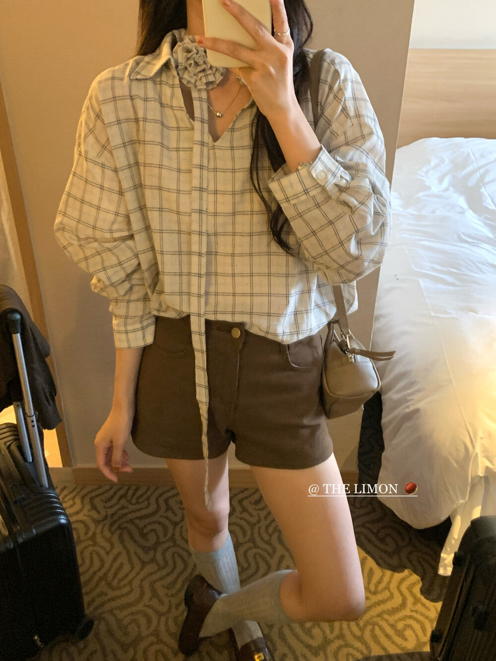 【L9113】實拍檸檬家早秋法式時髦復古格紋長袖襯衫+胸花可拆250901