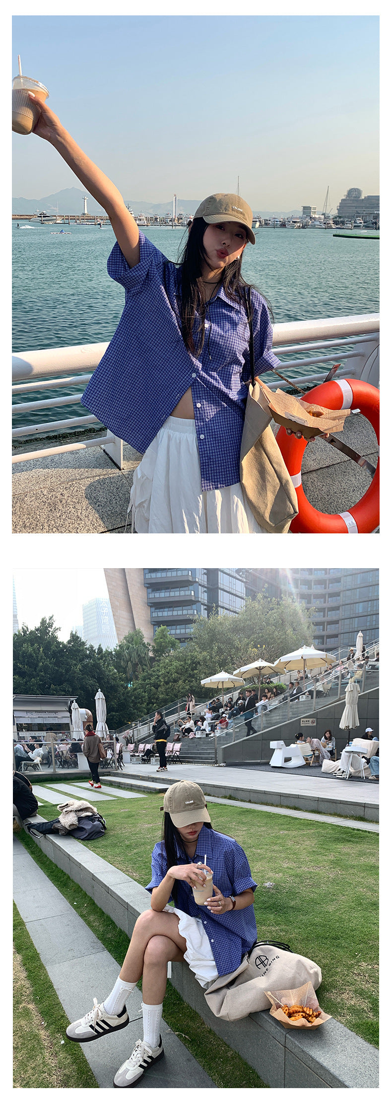 【H5154】實拍春夏復古藍白細格短袖襯衫250331