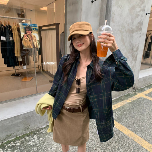 【L11323】檸檬家柠檬復古大格長袖襯衫260916