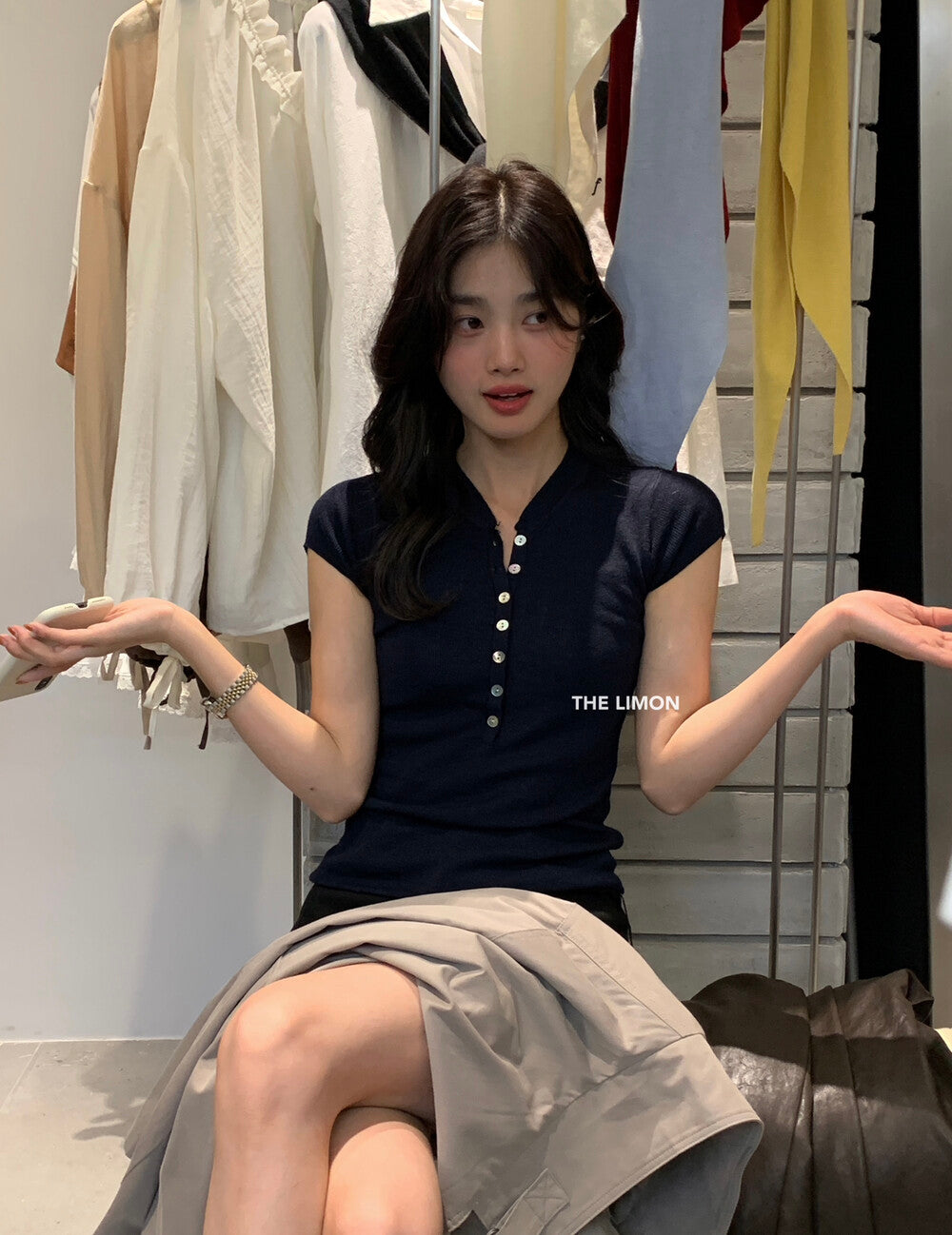 【L006839】實拍檸檬家時髦簡約顯瘦半排扣短袖針織衫250901