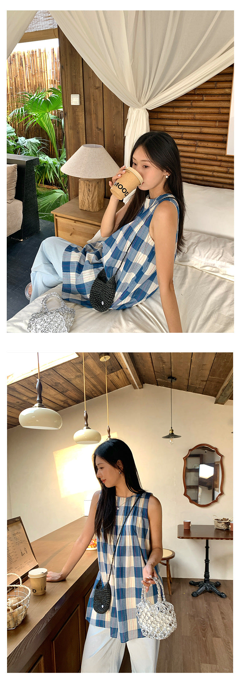 【H5231】實拍夏日清爽棉質復古藍格背心洋裝250506