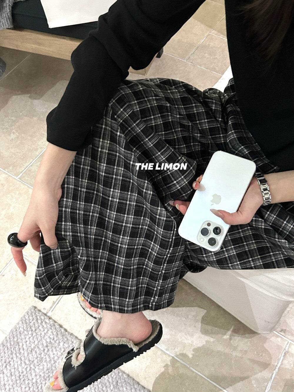 【L1133】實拍檸檬秋季格紋磨毛高腰闊腿褲+腰帶250930