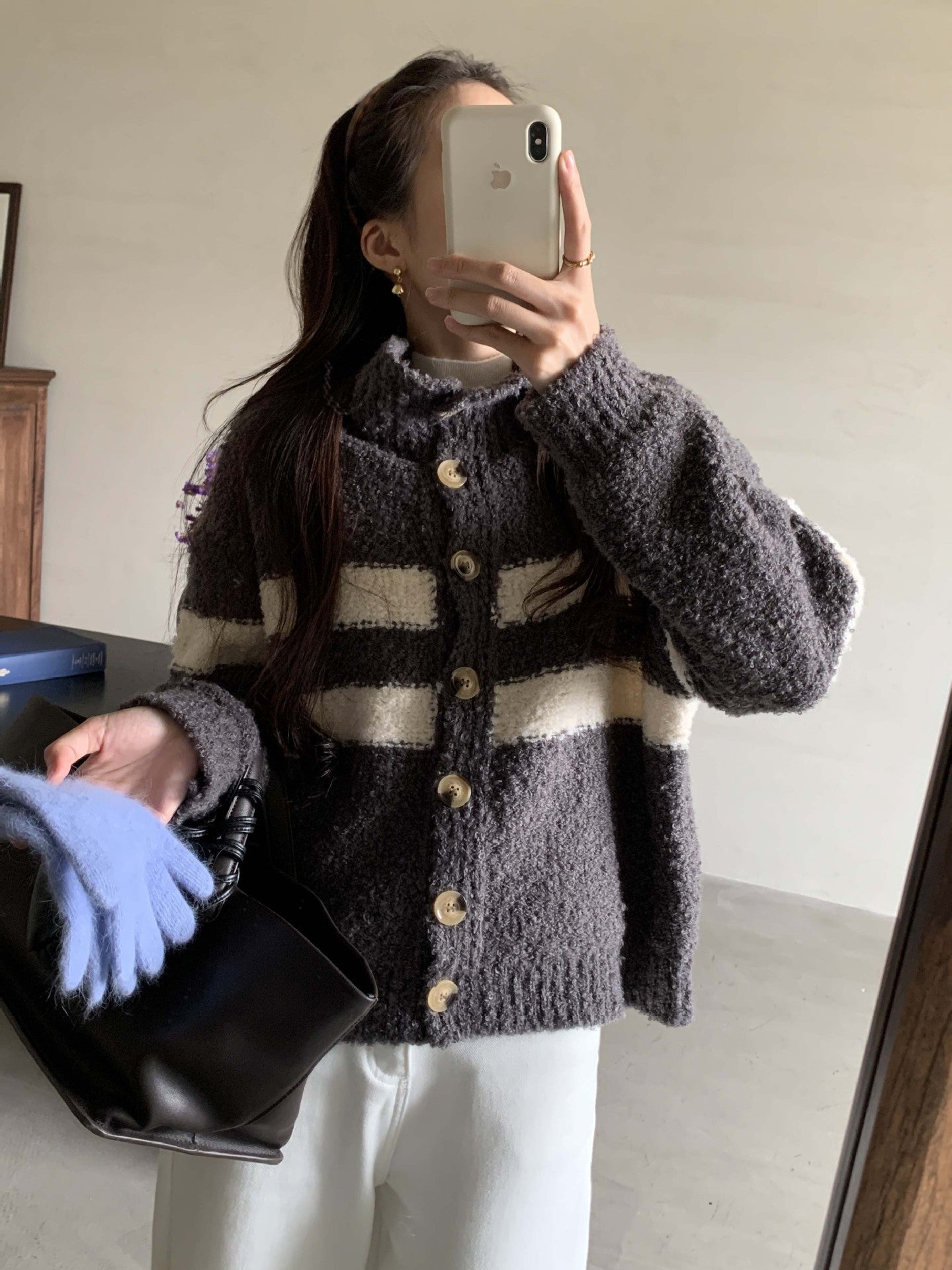 【H5511】實拍 懶懶撞色條紋開衫針織毛衣
251118