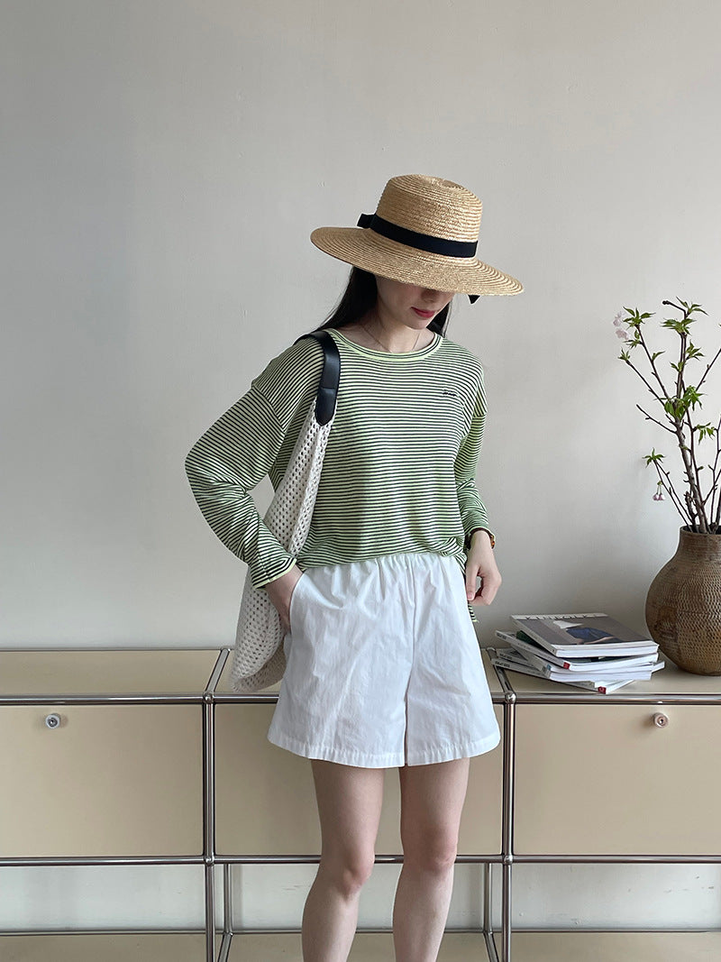 【cimXS8103】實拍條紋刺繡長袖冰絲T恤250417