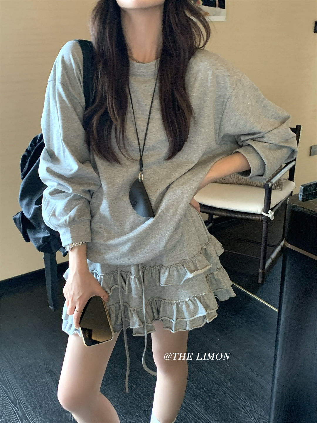 【L9161】實拍檸檬家慵懶少女長袖衞衣+蛋糕裙 2件套250901