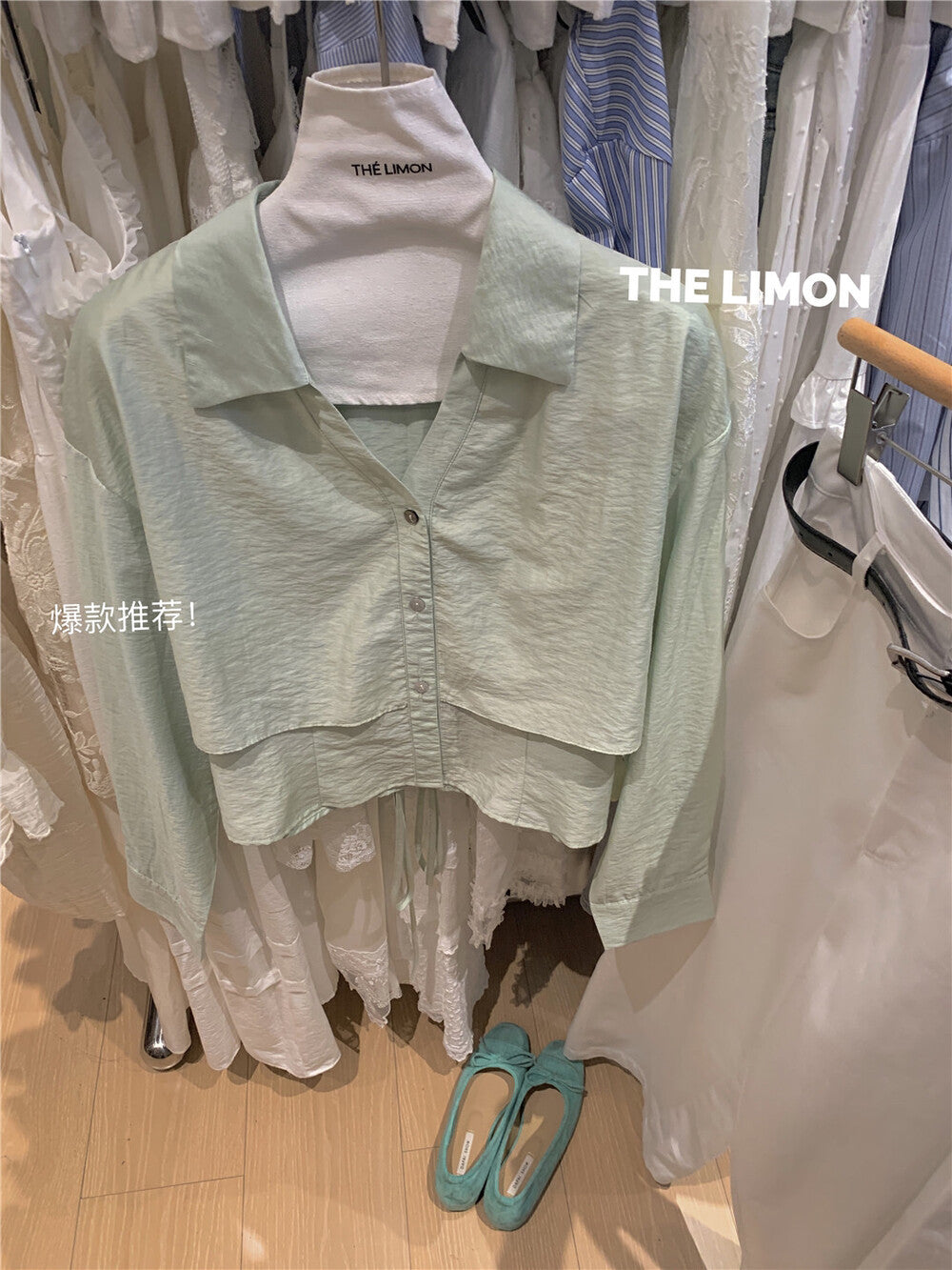 【L8359】實拍檸檬設計款假兩件長袖短版襯衫250414